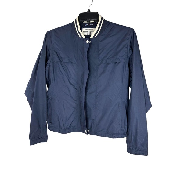 Tory Burch Tory Sport Full Zip Bomber Jacket Crop Length Navy Blue Medium Vented - Picture 7 of 9